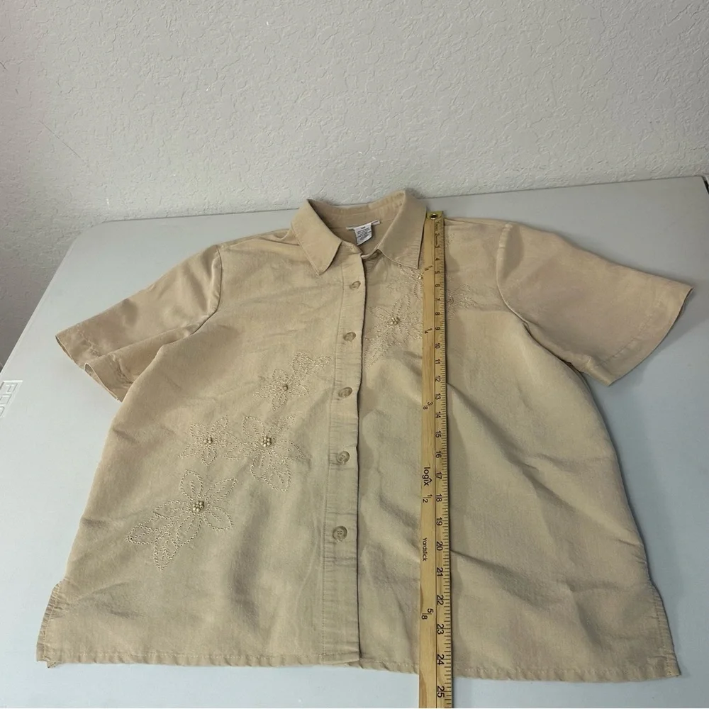 Vintage Alfred Dunner Linen Blend Embroidered Floral Beaded Button Down Size 10P